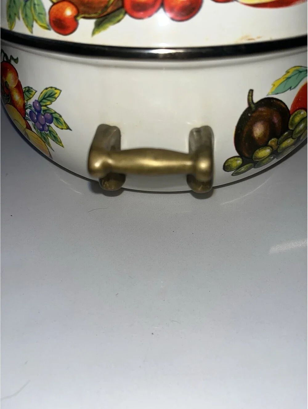 Vintage Cornucopia Enamelware Dutch Oven Pot With Brass Knob Handles cottagecoe